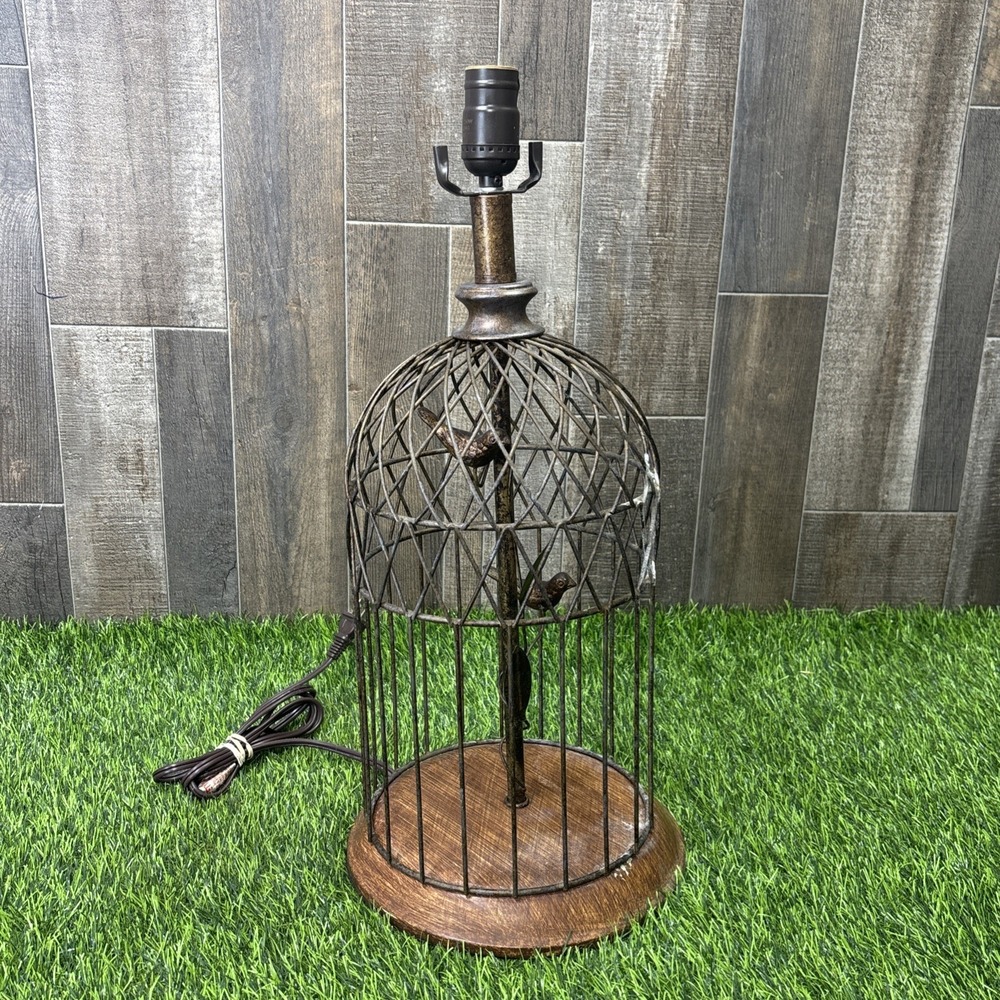 Vintage Birdcage Table Lamp Rustic Metal Wood Birds Farmhouse Decor